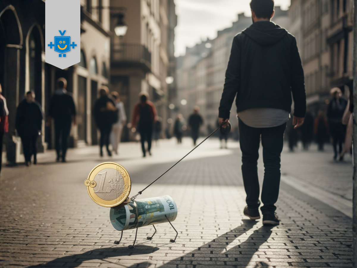 Homem é puxado por um "cachorro" feito de uma nota de euro com cabeça de moeda, sugerindo controle financeiro. Palavras-chave: educação financeira, dinheiro, controle financeiro