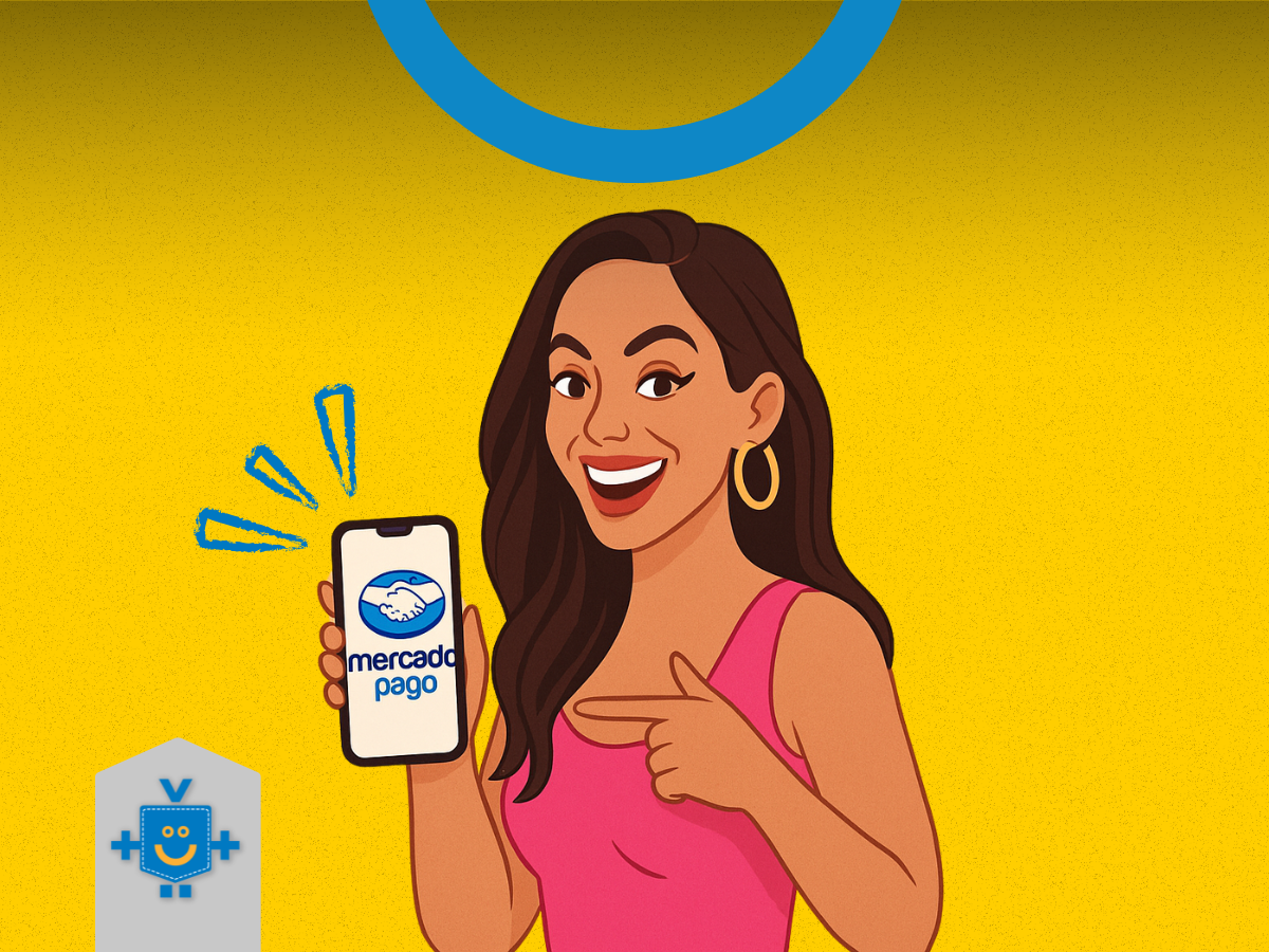 Ilustração da cantora Anitta segurando um celular que exibe a conta Mercado Pago. No canto inferior esquerdo, aparece o mascote do site Educando Seu Bolso.
