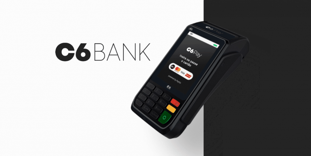 máquina de cartão c6 pay, com logo da c6 bank