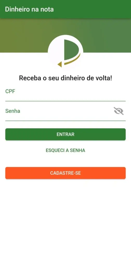 tela inicial do app Dinheiro na Nota