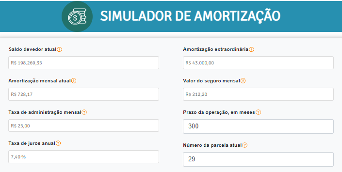 Inserção de dados no simulador de amortização