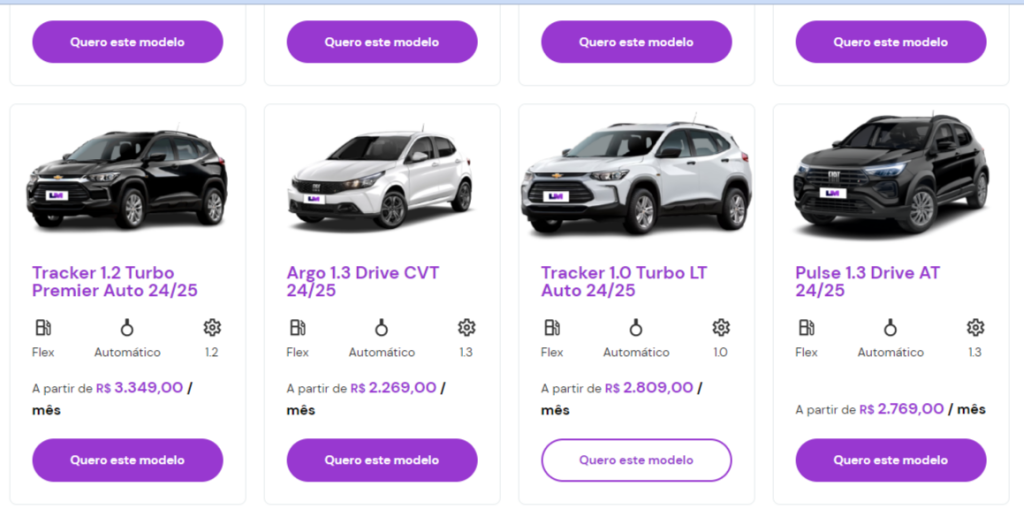 modelos de carros disponíveis