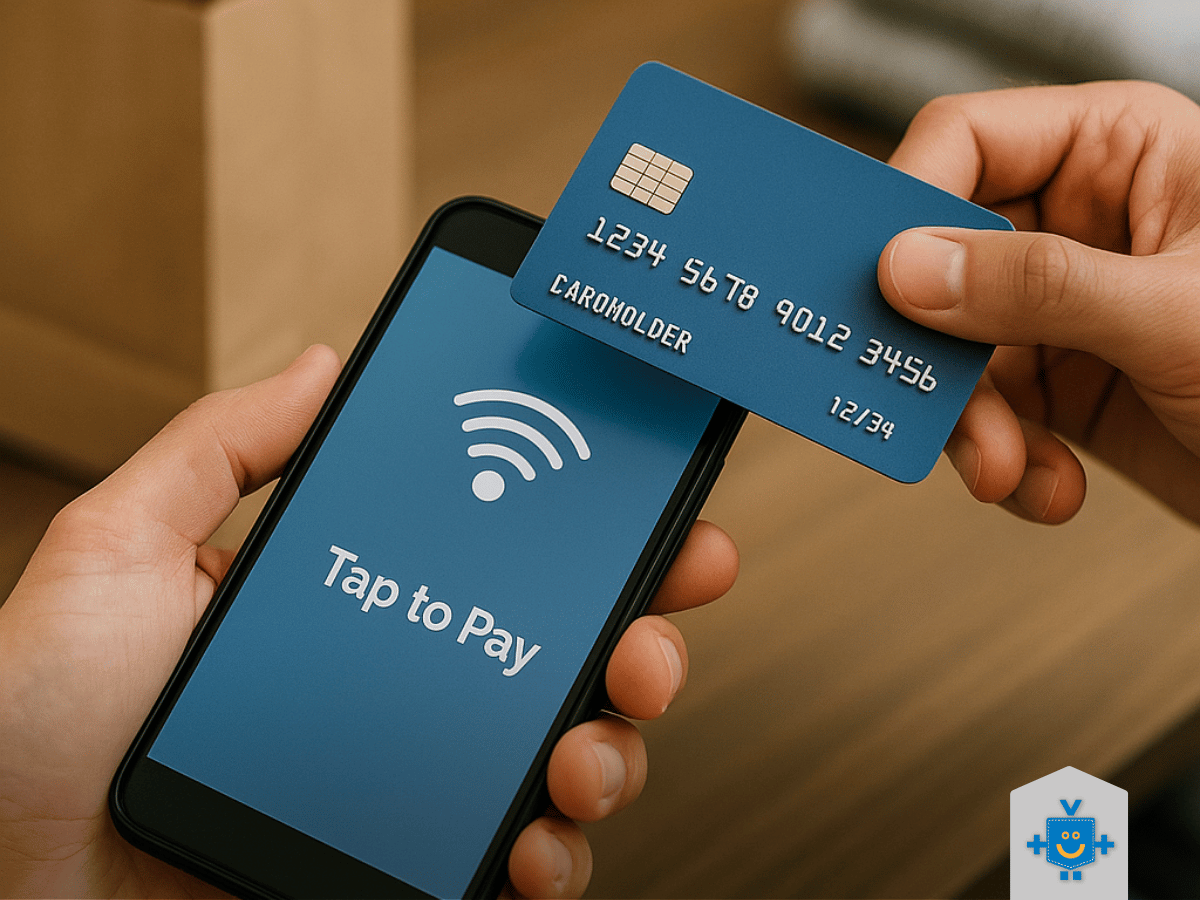 Pessoa aproximando um cartão de crédito de um celular com a tela “Tap to Pay”, em um pagamento por aproximação Tap On.