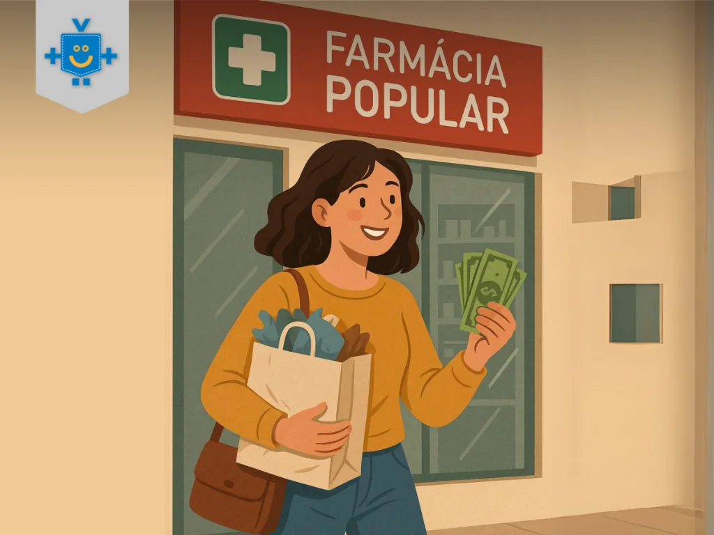 Mulher saindo de farmácia com o selo “Farmácia Popular”, segurando remédios e dinheiro, simbolizando economia com o programa.