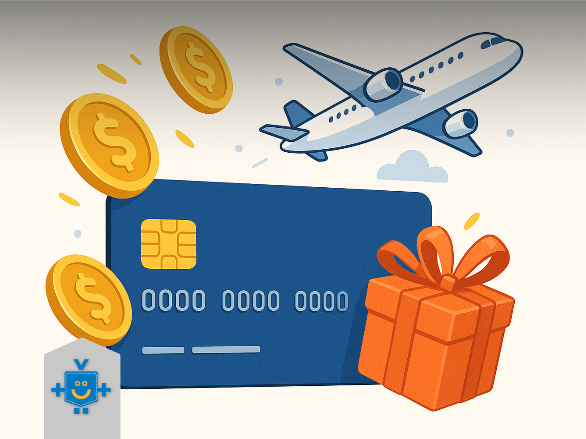 Ilustração de um cartão de crédito azul com moedas douradas, um avião e uma caixa de presente, simbolizando os benefícios e recompensas de "pontos de cartão de crédito".
