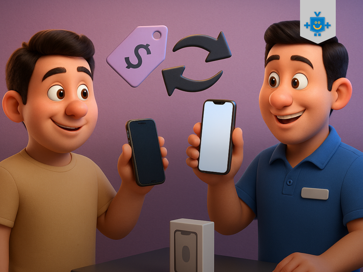Cena trocando um celular antigo por um novo em uma loja, com ícones de troca de celular e um atendente sorridente.