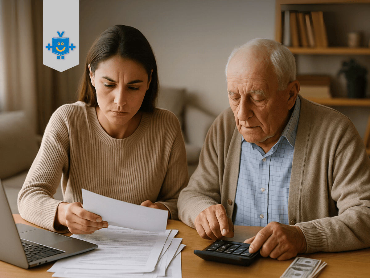 Mulher ajuda a cuidar do dinheiro dos pais, analisando documentos ao lado do pai idoso em um ambiente doméstico e acolhedor.