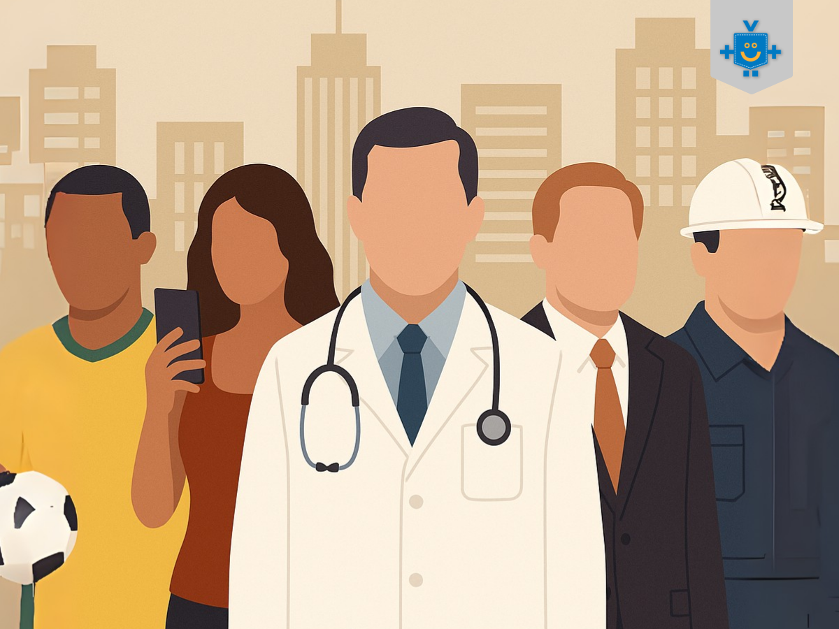 Ilustração minimalista das profissões mais bem pagas do Brasil: jogador, influenciadora, médico, CEO e engenheiro, com fundo urbano neutro.