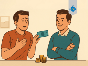 Dois amigos em frente a uma mesa, um olhando para o outro com expressão de cobrança, como se fosse um agiota. A cena representa a tensão emocional ao cobrar uma dívida entre amigos.