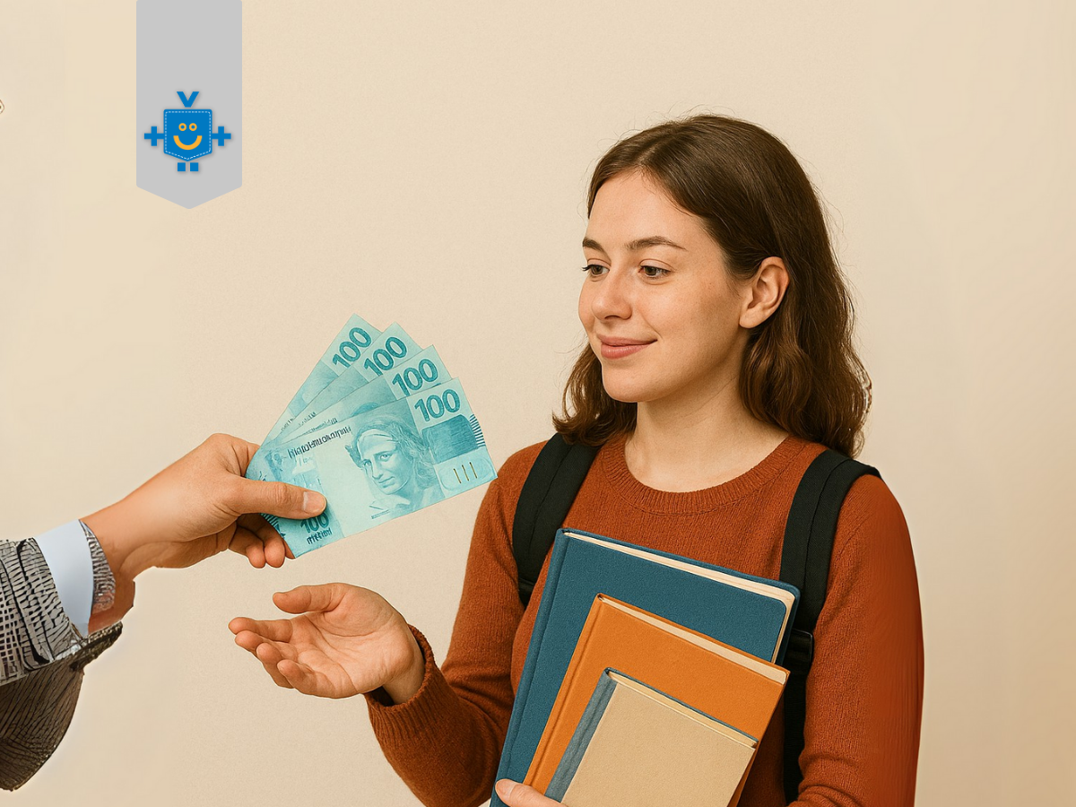 Uma jovem estudante com mochila e materiais escolares (cadernos e livros) recebe notas de 100 reais de uma mão estendida que aparece de fora do quadro, simbolizando o financiamento estudantil.