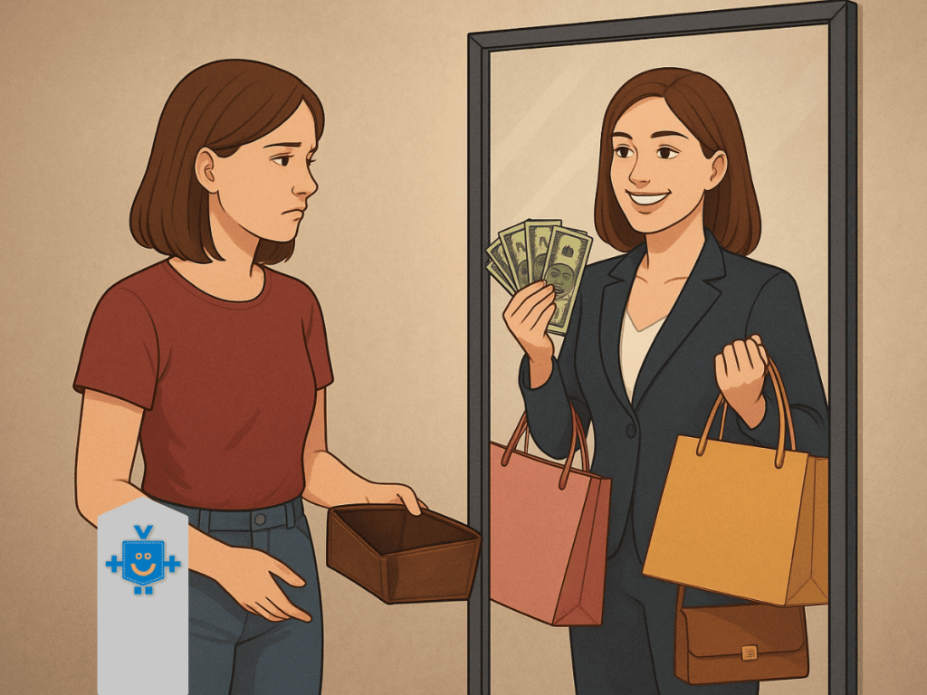 Ilustração de uma mulher triste e com carteira vazia olhando para o espelho, onde aparece refletida sorridente, bem vestida, com dinheiro nas mãos e sacolas de compras, representando a diferença entre dificuldades financeiras e a busca por bem estar."