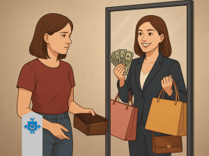 Ilustração de uma mulher triste e com carteira vazia olhando para o espelho, onde aparece refletida sorridente, bem vestida, com dinheiro nas mãos e sacolas de compras, representando a diferença entre dificuldades financeiras e a busca por bem estar."