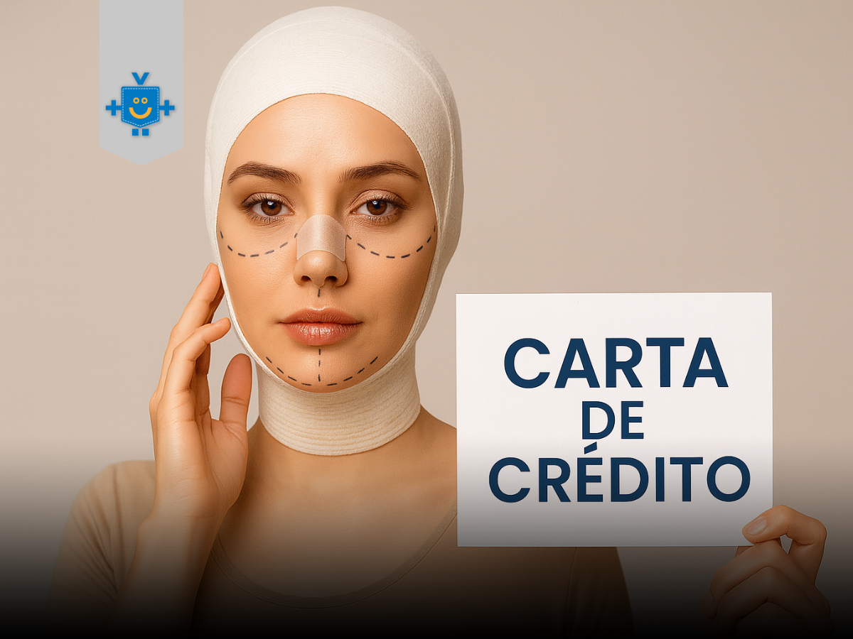 Mulher com curativos e marcações de cirurgia plástica no rosto, usando faixa de compressão e segurando uma carta de crédito de consórcio em destaque.