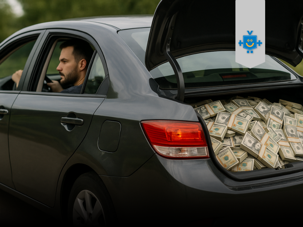 Motorista de app dirigindo carro com porta-malas cheio de dinheiro, representando ganhos e empréstimo motorista de app.