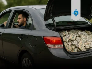 Motorista de app dirigindo carro com porta-malas cheio de dinheiro, representando ganhos e empréstimo motorista de app.