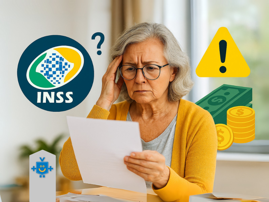Um idoso preocupado analisa um extrato de pagamento em uma mesa, com a logo do INSS ao fundo, representando dúvidas e insegurança sobre fraudes e descontos indevidos nos benefícios previdenciários.