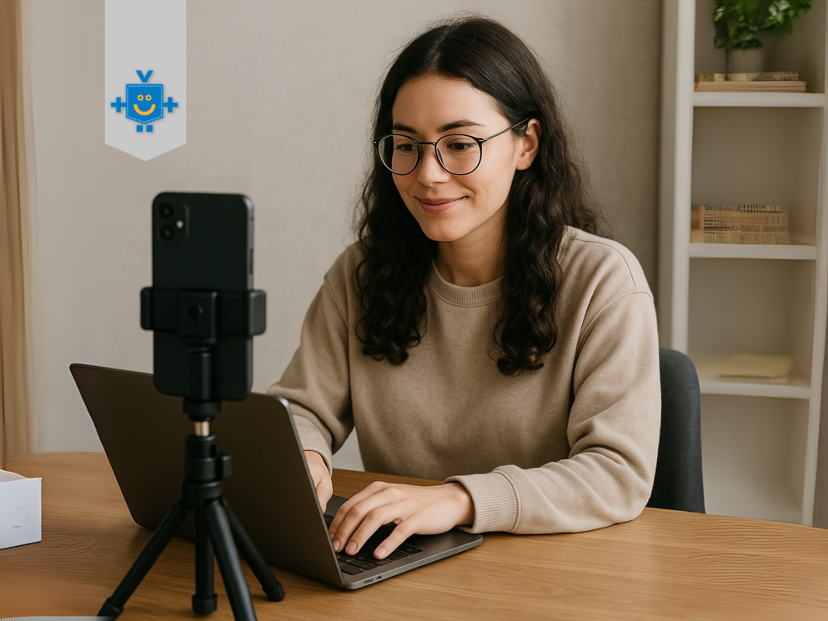 Pessoa usando notebook em uma mesa, enquanto um celular em tripé grava sua atividade, representando trabalho remoto e criação de conteúdo digital.