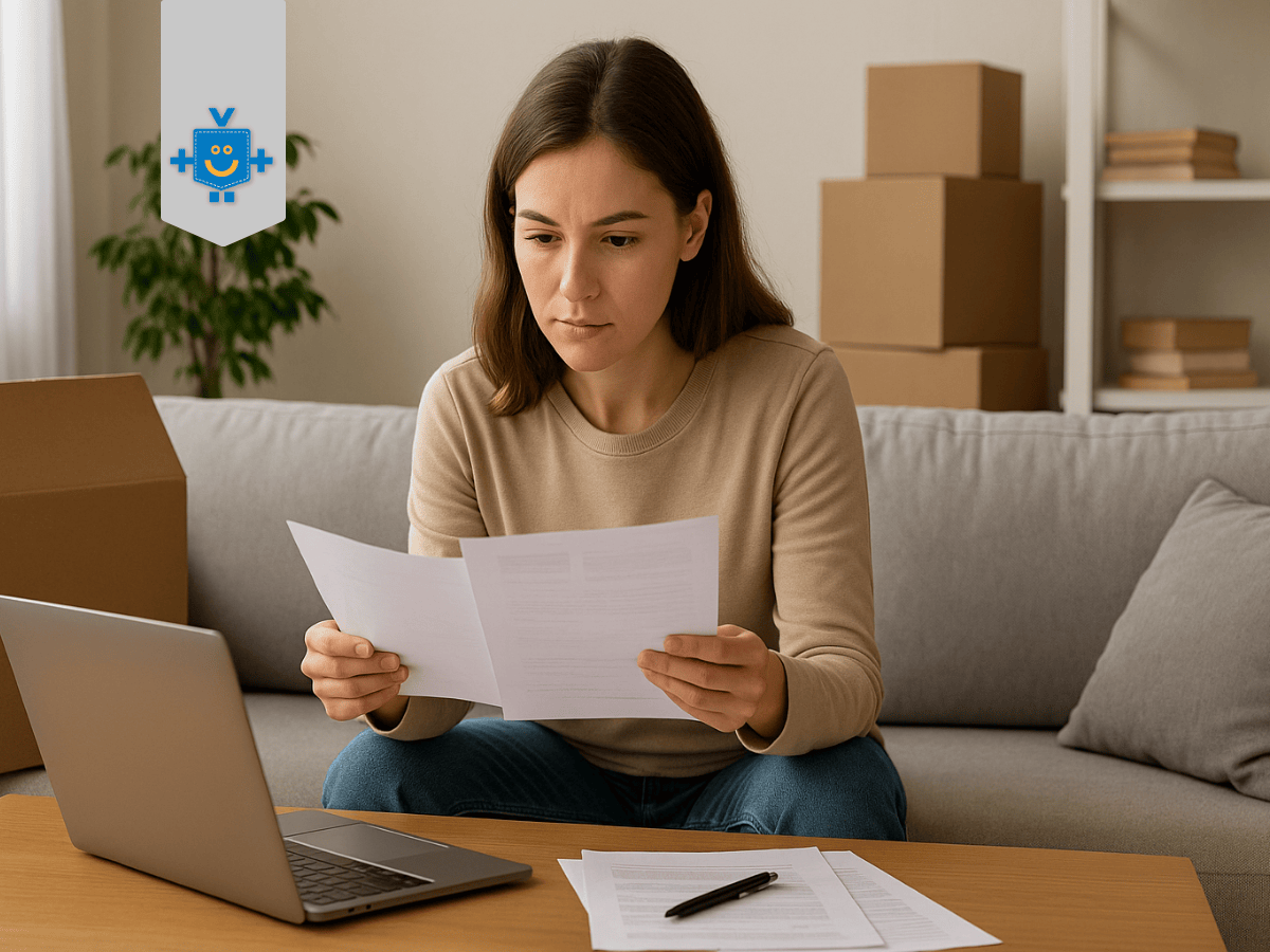 Mulher jovem sentada no sofá analisando documentos com laptop à frente e caixas de mudança ao redor, simbolizando planejamento financeiro para comprar uma casa.