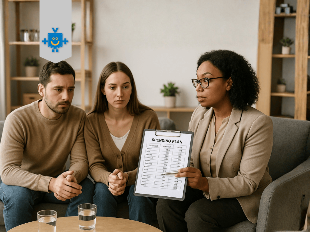 Imagem de um casal em terapia financeira enquanto a consultora apresenta uma planilha de gastos. Representando os cursos de finanças para casais.