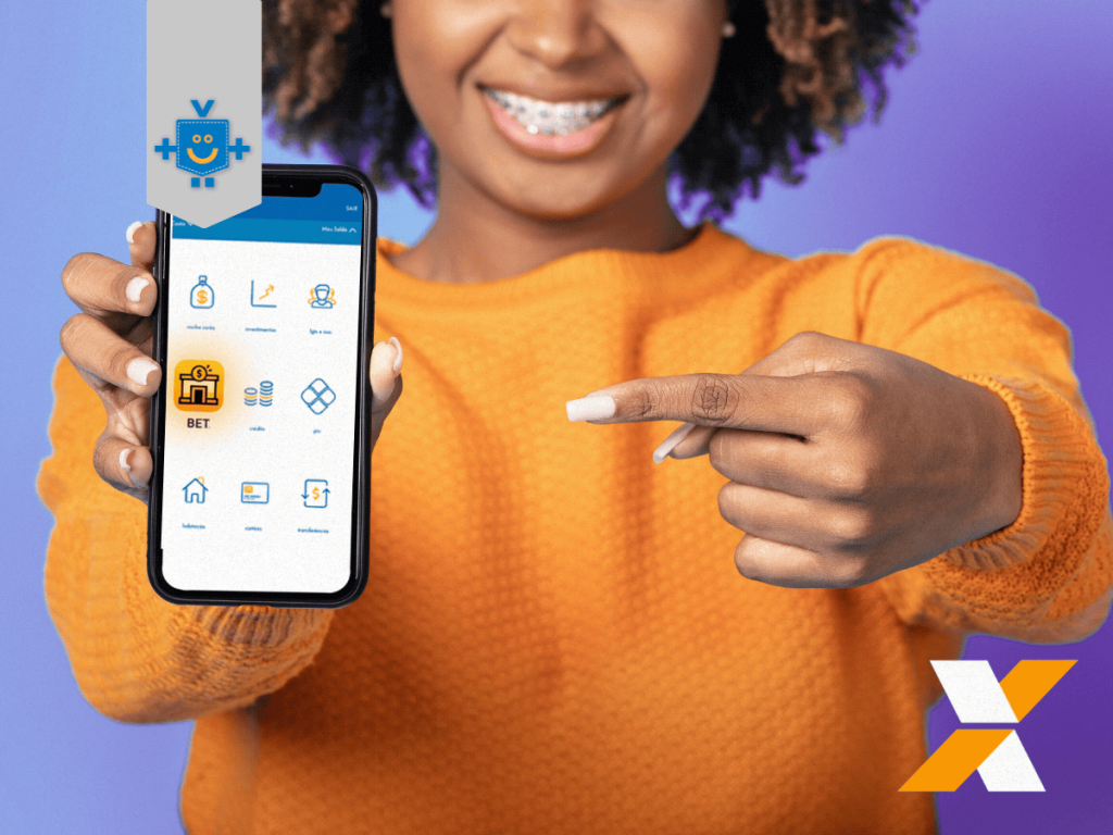 Aplicativo móvel da Caixa Econômica Federal exibido em um smartphone, com o logotipo da Caixa ao lado. A tela do aplicativo mostra diversas opções, incluindo um novo ícone destacado para 'BET' com um símbolo de casa de apostas.