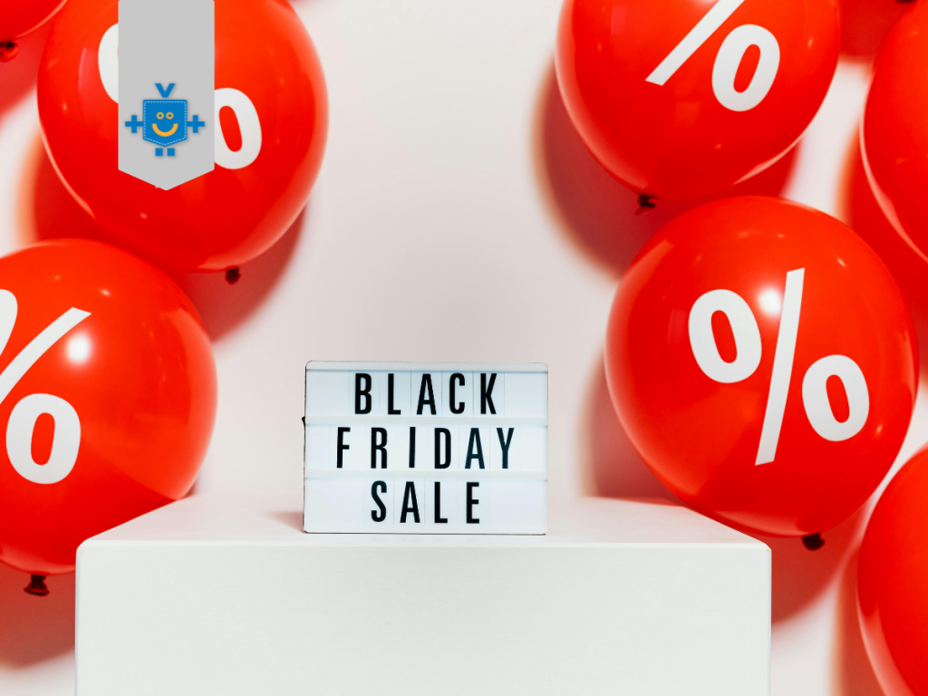 Painel com a frase ‘Black Friday Sale’ cercado por balões vermelhos com símbolos de porcentagem, simbolizando promoções na black Friday 2025.