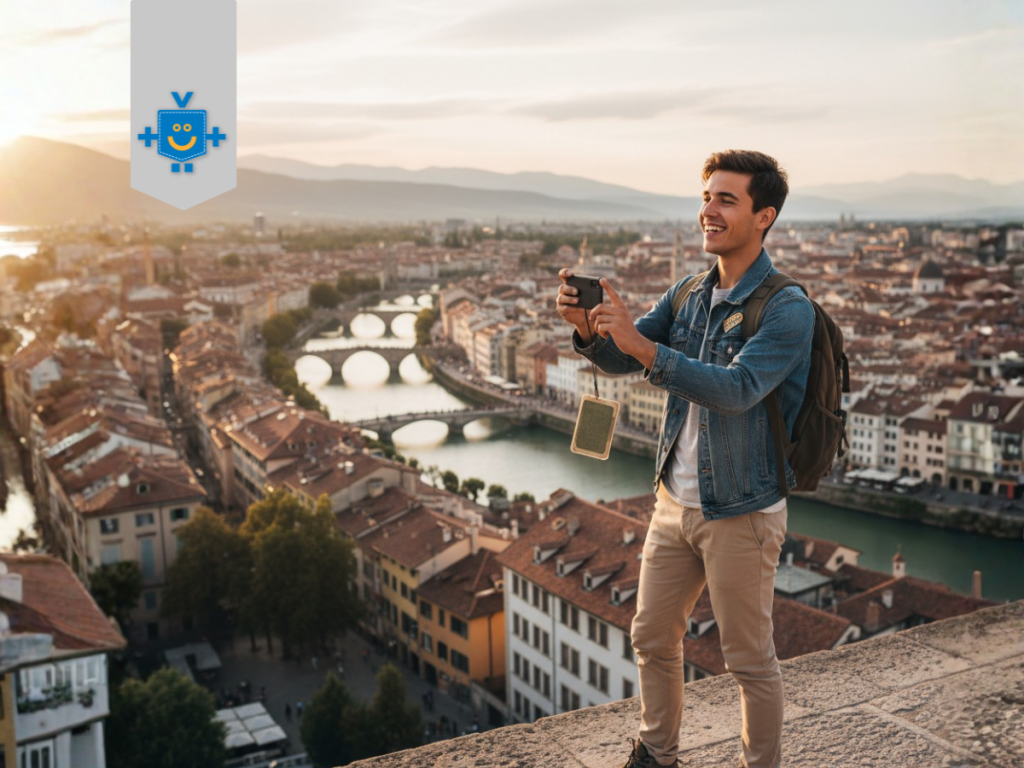 Um jovem viajante com mochila e câmera tira uma foto de uma paisagem urbana europeia simbolizando as experiências vividas no intercâmbio.