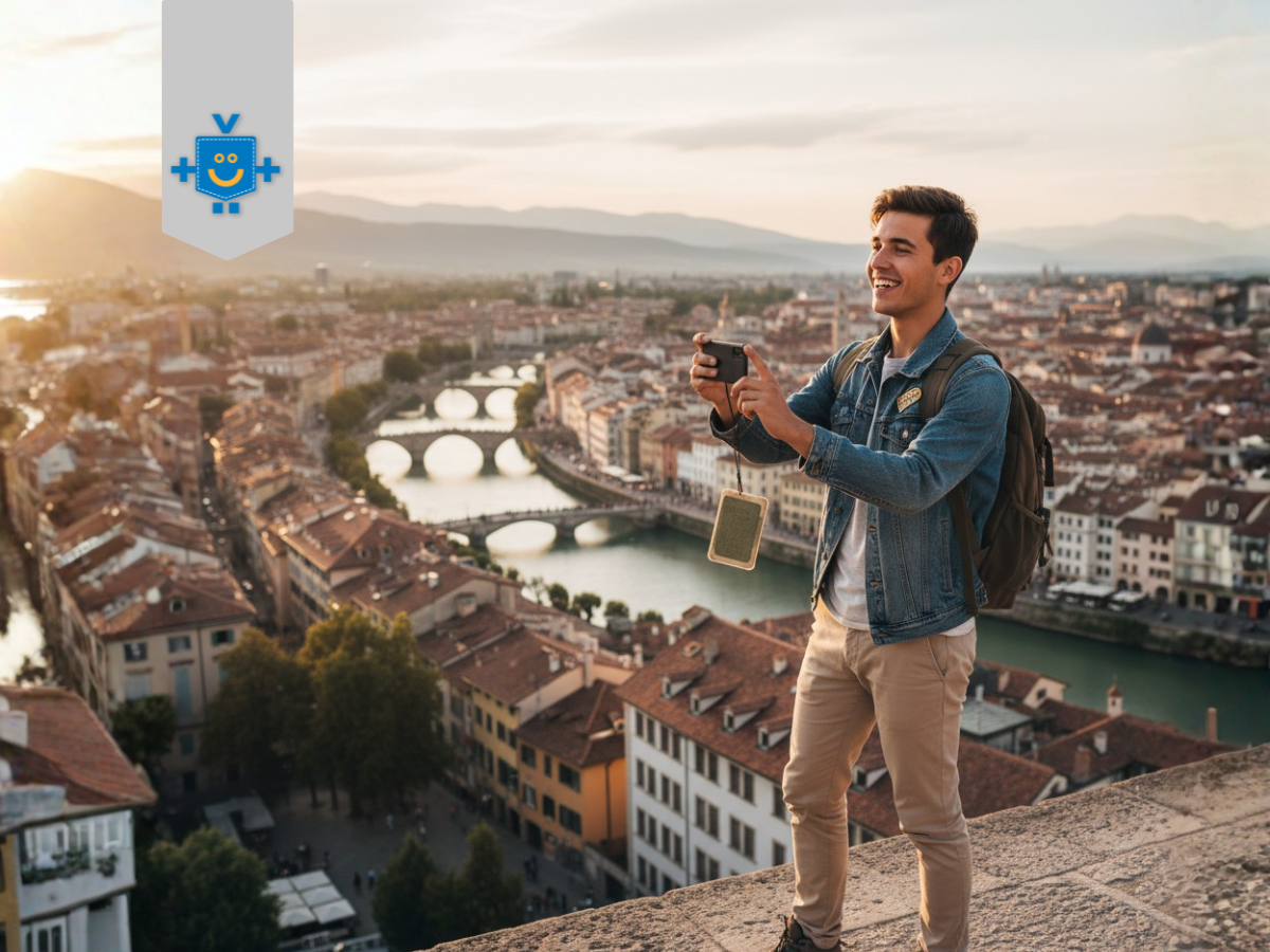Um jovem viajante com mochila e câmera tira uma foto de uma paisagem urbana europeia simbolizando as experiências vividas no intercâmbio.