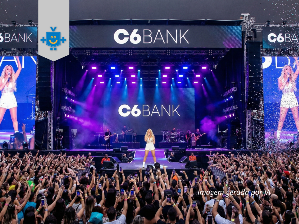 Foto vibrante de um show em estádio lotado à noite. Grandes telões de LED exibem a logo do C6 Bank simbolizando como a conta internacional seria uma cantora pop.