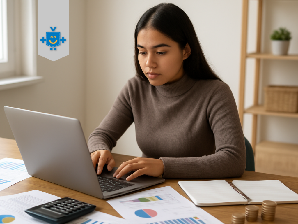 Jovem analisando despesas fixas no computador, com planilhas financeiras, calculadora e gráficos espalhados pela mesa enquanto organiza o orçamento mensal.