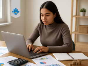 Jovem analisando despesas fixas no computador, com planilhas financeiras, calculadora e gráficos espalhados pela mesa enquanto organiza o orçamento mensal.