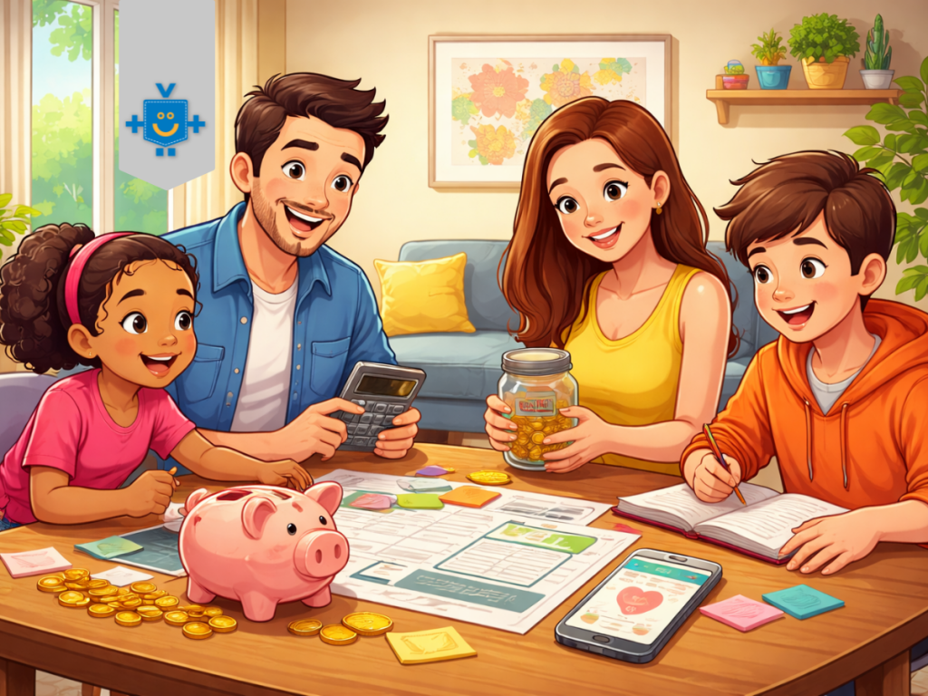 Família feliz fala sobre educação financeira nas férias escolares.