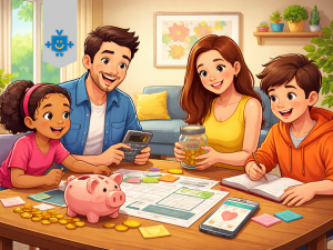 Família feliz fala sobre educação financeira nas férias escolares.