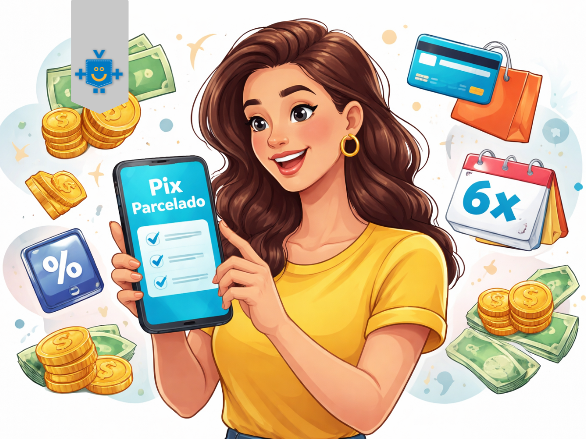 Ilustração de uma mulher segurando um celular com pagamento via Pix parcelado, cercada por ícones de dinheiro, cartão de crédito, sacolas de compras e calendário de parcelas, representando crédito, consumo e pagamento parcelado.