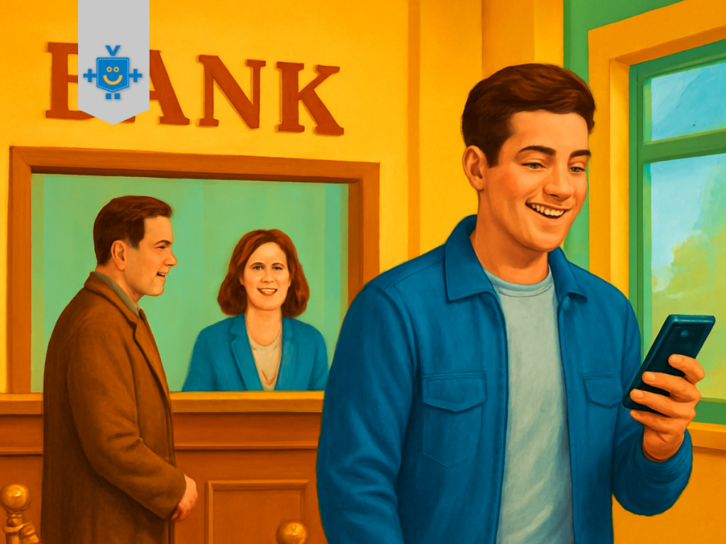 Homem sorrindo enquanto usa o banco digital ao passar por uma fila de banco tradicional, com pessoas aguardando no atendimento.